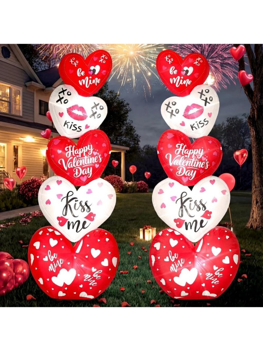 2 Pcs 5.3ft Inflatable Heart Yard Decor with LED Lights for Valentine's Day
